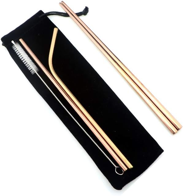 Rose Gold Reusable Utensils with Case Camping Travel Silverware Set,Portable Stainless Steel Cutlery Set - Matte Flatware Knife Fork Spoon Mirror Straws Chopsticks - for Office Lunch, Hiking, School