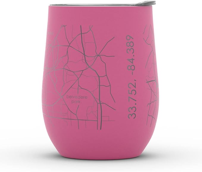 Well Told Engraved Atlanta Georgia Map Insulated Wine Tumbler, Etched Stainless Steel Cup (12 oz, Sunset Pink) City Map Insulated Tumbler, Custom Insulated Tumbler, Outdoor Drinkware