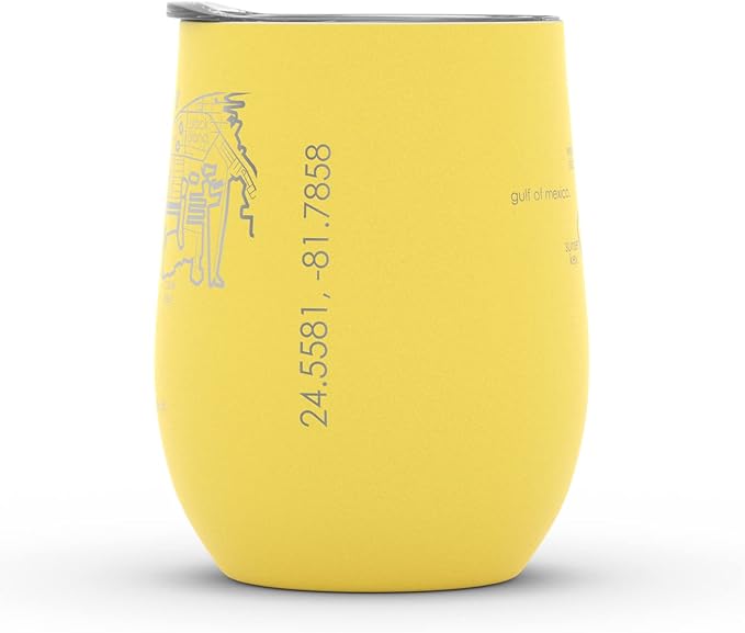 Well Told Engraved Key West Florida Map Insulated Wine Tumbler, Etched Stainless Steel Cup (12 oz, Sunrise Yellow) City Map Insulated Tumbler, Custom Insulated Tumbler, Outdoor Drinkware