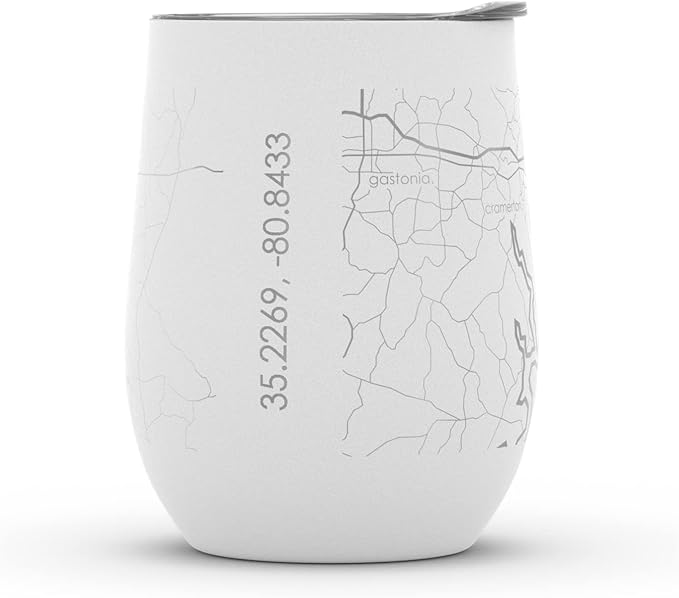 Well Told Engraved Charlotte North Carolina Map Insulated Wine Tumbler, Etched Stainless Steel Wine Tumbler (12 oz, White) City Map Insulated Tumbler, Custom Insulated Tumbler, Outdoor Drinkware
