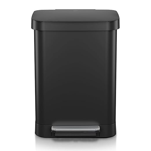 Glad Stainless Steel Step Trash Can, Series 2 with Clorox Protection - Large Black Kitchen Garbage Bin with Soft Close Lid, Foot Pedal and Waste Bag Roll Holder, 13 Gallon