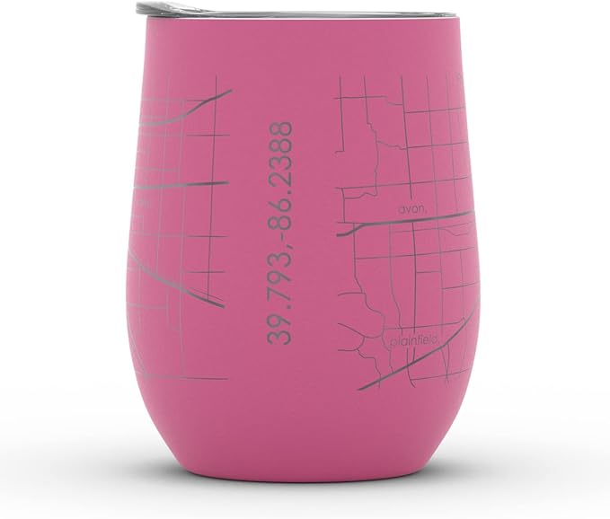 Well Told Engraved Indianapolis Indiana Map Insulated Wine Tumbler, Etched Stainless Steel Cup (12 oz, Sunset Pink) City Map Insulated Tumbler, Custom Insulated Tumbler, Outdoor Drinkware