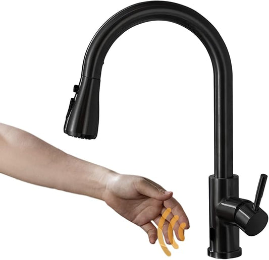 Black Touchless Infrared Sensor Kitchen Faucet with Pull Down Sprayer - Stainless Steel Single Handle Motion Sensor