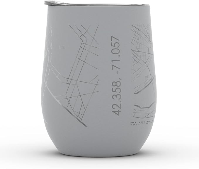 Well Told Engraved Boston Massachusetts Map Insulated Wine Tumbler, Etched Stainless Steel Cup (12 oz, Dockside Gray) City Map Insulated Tumbler, Custom Insulated Tumbler, Outdoor Drinkware