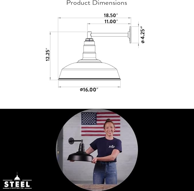 Steel Lighting Co. | Dusk to Dawn | Gardena Barn Light | Outdoor Wall Mounted | 16" Dome | 11" Straight Arm | Farmhouse Light Made in America | Navy Blue/Brass