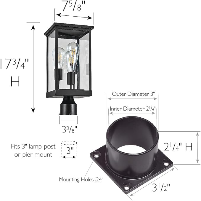 Mayfield Outdoor Post Top Light with 3-Inch Pier Base Mount Fitter, Black – Design House, 590299