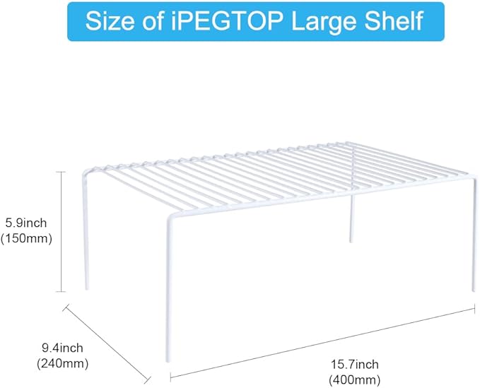 iPEGTOP Set of 6 Large (15.7 x 9.4 Inch) Kitchen Cabinet Organizer Shelf, Wire Freezer Storage Shelves Rack, Rustproof Steel Metal Shelf Riser for Dish Plates Pantry Cupboard Organization, White