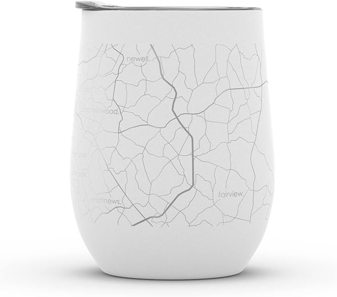 Well Told Engraved Charlotte North Carolina Map Insulated Wine Tumbler, Etched Stainless Steel Wine Tumbler (12 oz, White) City Map Insulated Tumbler, Custom Insulated Tumbler, Outdoor Drinkware