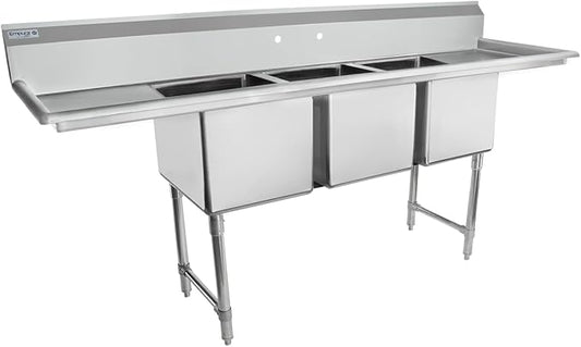 88" Wide Stainless Steel Three Compartment Commercial Sink | Prep Utility 16" x 20" Bowl for Restaurant Laundry | (2) 18" Drainboard, 9.75" Backsplash, 88"W x 25.5"D x 44.25"H, 16 Gauge, NSF