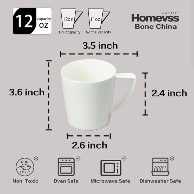 Bone China Cone Shape, Elegance White Mug 12oz, Set of 6