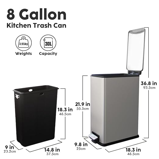 8 Gallon Slim Kitchen Trash Can, Rectangular Trash Can with Removal Inner Bucket and Soft-Close Lid, Foot Pedal, Stainless Steel Garbage Can 30 Liter, Grey