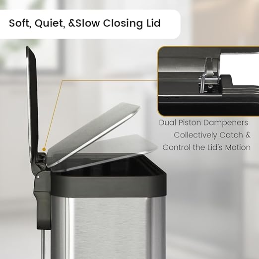 13 Gallon Stainless Steel Trash Can with Removable Inner Bucket, Soft Close & Stay Open Lid, Step-on Pedal – Modern Kitchen Garbage Can for Home, Office, or Commercial Use