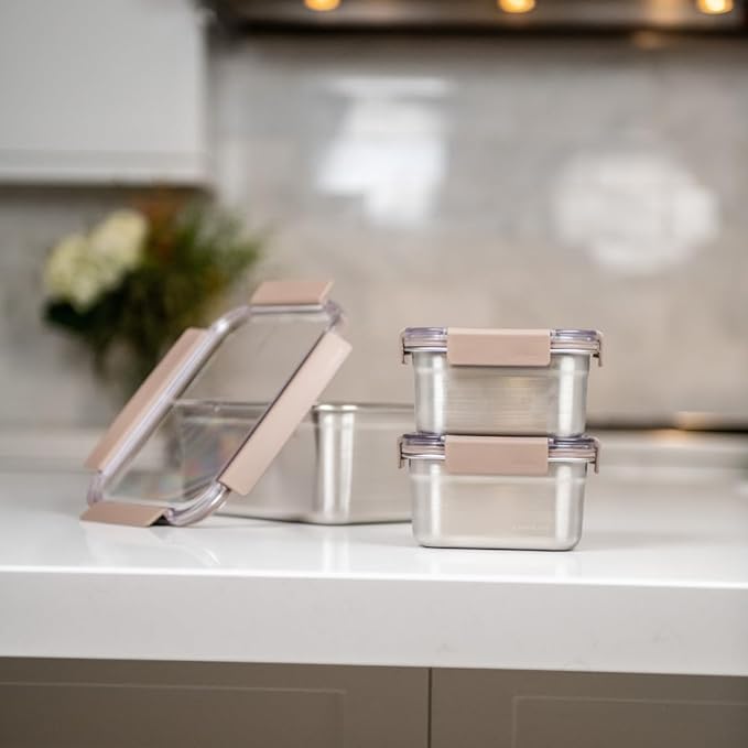 Locknlock Stainless Steel Food Storage Containers with Lids, Metal Lunch Boxes, Leak-Proof, Microwave, Freezer and Dishwasher Safe, 3-Piece Set, 1 x 520ml and 2 x 1400ml