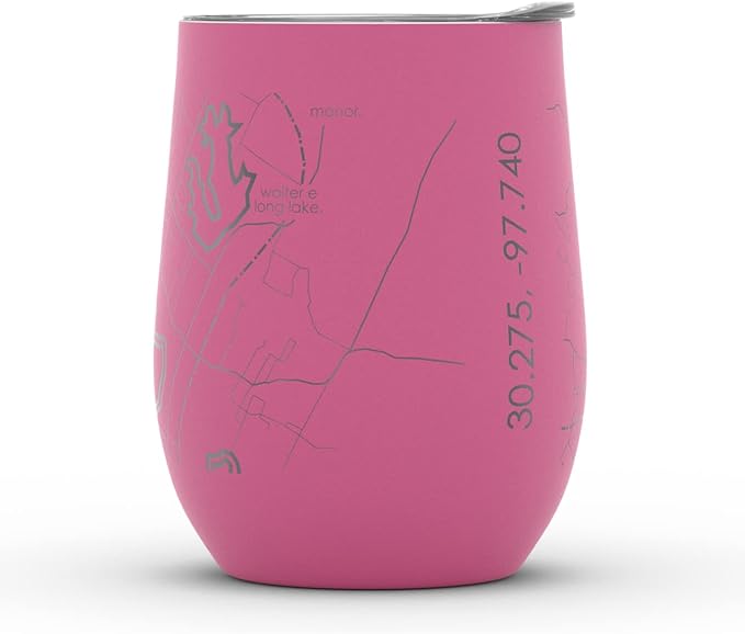 Well Told Engraved Austin Texas Map Insulated Wine Tumbler, Etched Stainless Steel Cup (12 oz, Sunset Pink) City Map Insulated Tumbler, Custom Insulated Tumbler, Outdoor Drinkware