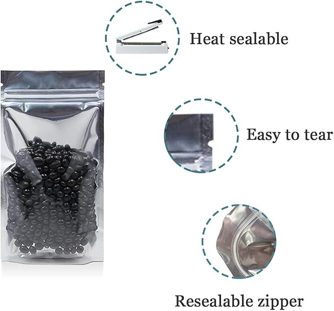 FERENLI 100 Pieces Stand Up Clear Front Zipper Lock Resealable Aluminum Mylar Foil Plastic Packaging Bag for Zip Heat Sealable Lock with Tear Notch Long Term Food Storage 4.7x6.7 inch