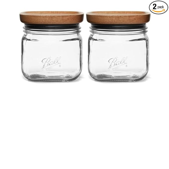Ball Stack & Store Glass Mason Jars with Wooden Lid, Used for Pantry, Cookies, Flour, Cereal, Rice, Sugar, Tea, Coffee Beans, Spices, Square, 4-Cup (Pack of 2)