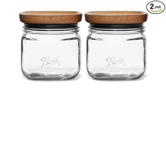 Ball Stack & Store Glass Mason Jars with Wooden Lid, Used for Pantry, Cookies, Flour, Cereal, Rice, Sugar, Tea, Coffee Beans, Spices, Square, 4-Cup (Pack of 2)