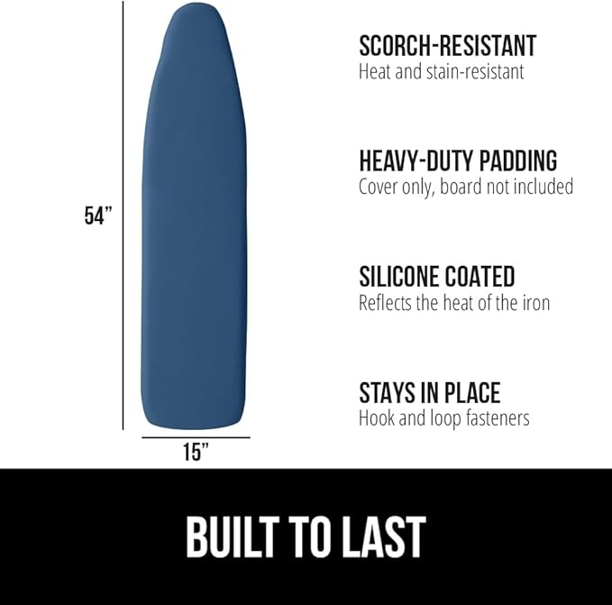 GORILLA GRIP The Original Ironing Board Cover and Pad, Silicone Coating, Thick Scorch Resistant Padding, Heavy Duty Iron Covers Standard Boards, Hook and Loop Fastener Strap, Navy, 15x54