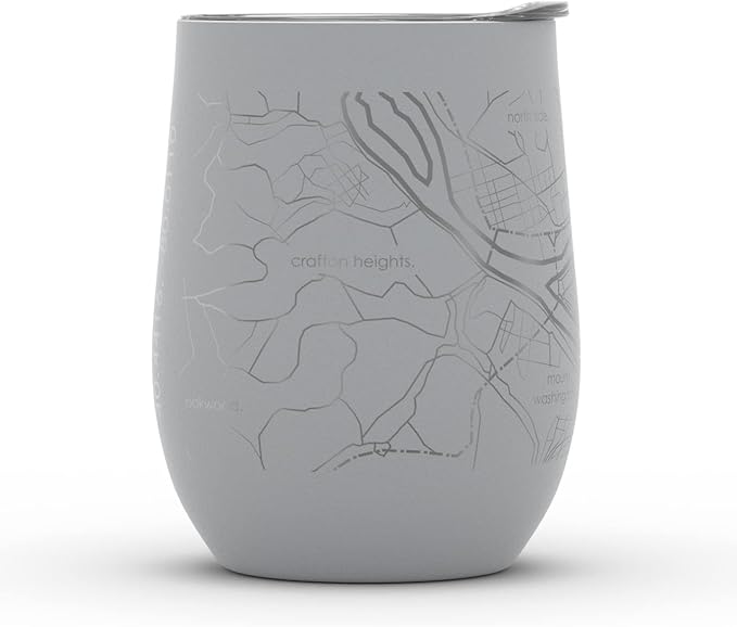Well Told Engraved Pittsburgh Pennsylvania Map Insulated Wine Tumbler, Etched Stainless Steel Cup (12 oz, Dockside Gray) City Map Insulated Tumbler, Custom Insulated Tumbler, Outdoor Drinkware