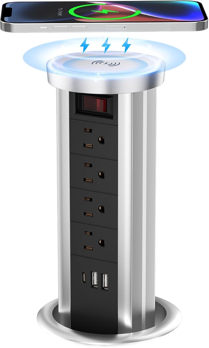 Pop Up Outlet Countertop with 10 W Wireless Charger, 4 Outlets,3 USB Ports, Splash Resistant, Automatic Pop Up Outlet for Kitchen Counter Islan, Office Conference Table