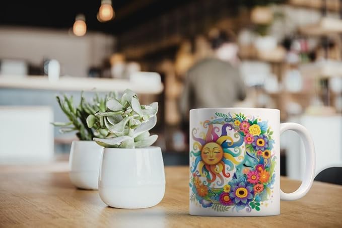 MUGBREW Colorful Sad Moon Happy Sun Ceramic Coffee Mug Tea Cup, 11 OZ
