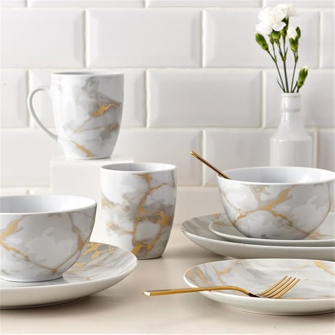 Pemberly Row Contemporary Porcelain Dinnerset 16 Piece in Gold Marble
