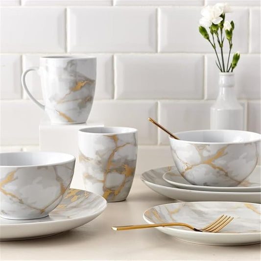 Pemberly Row Contemporary Porcelain Dinnerset 16 Piece in Gold Marble