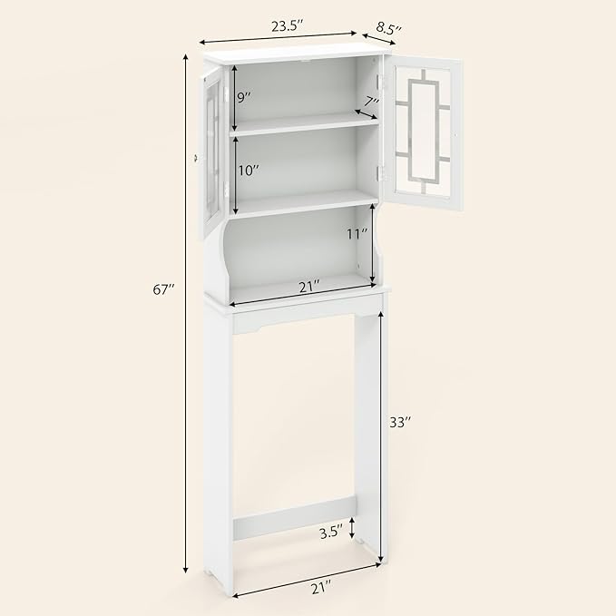 COSTWAY Over The Toilet Storage Cabinet, Bathroom Shelf Over Toilet, Double Door Bathroom Storage Cabinet Organizer with Adjustable Shelf, Open Shelf (White)