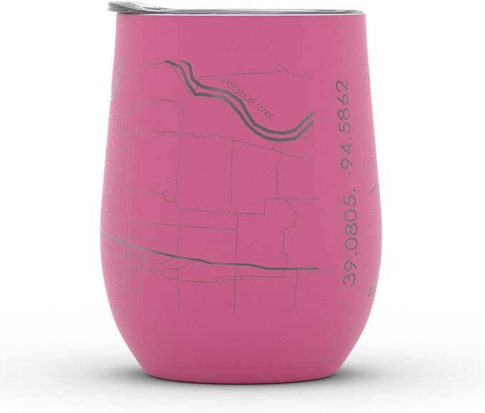 Well Told Engraved Kansas City Missouri Map Insulated Wine Tumbler, Etched Stainless Steel Cup (12 oz, Sunset Pink) City Map Insulated Tumbler, Custom Insulated Tumbler, Outdoor Drinkware
