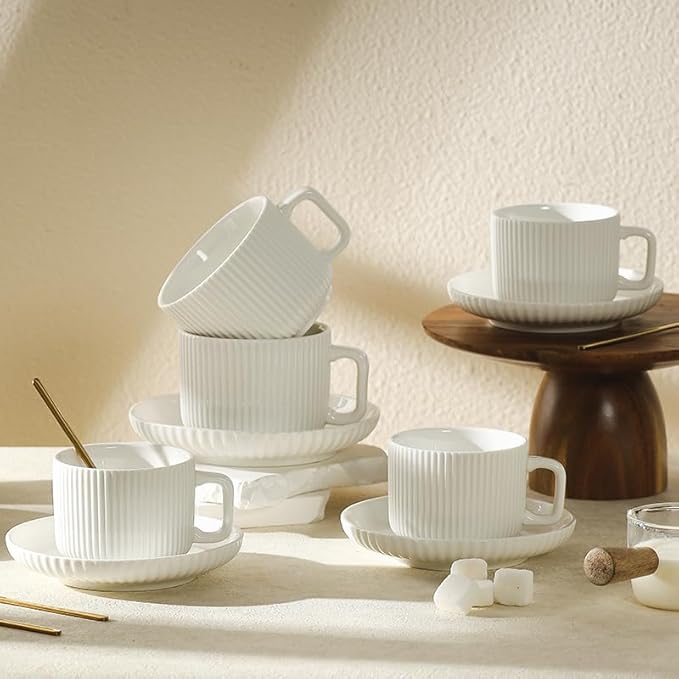 5 Ounce Espresso Cups Set of 4, Small Coffee Cups with Saucers and Spoons, White Cream Ceramic Demitasse Espresso Mugs