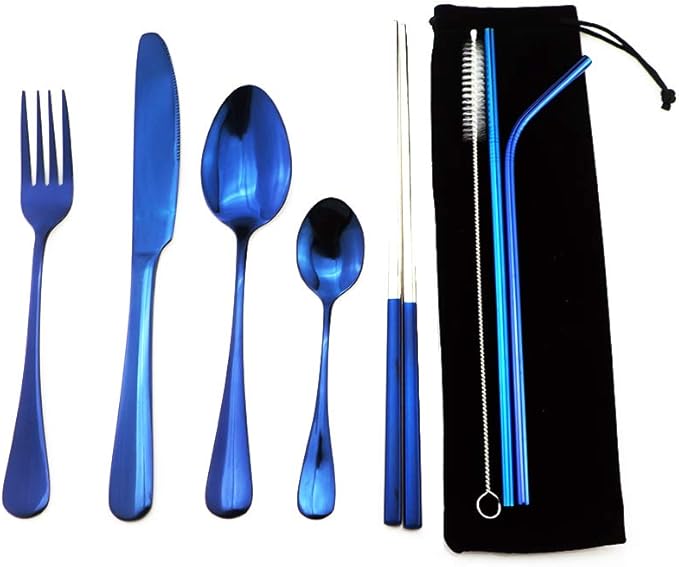 Gugrida Blue Reusable Utensils with Case, Healthy & Eco-Friendly 8 Pieces Portable Stainless Steel Flatware Tableware Dinnerware Set, Portable Travel Camping Cutlery Knife Fork Spoon Straws Set