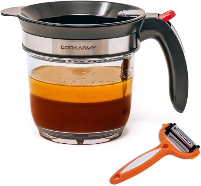 Fat Separator with Bottom Release – 4 Cup Gravy Separator for Cooking with Oil Strainer, Kitchen Grease Separator -the perfect Kitchen Gadget plus a 3-1 Multifunctional Vegetable Peeler