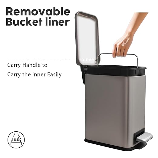 Bathroom Trash Can, 5 Liter / 1.3 Gallon Stainless Steel Garbage Can with Removable Inner Bucket, Slim Trash Bin for Small Spaces, Soft Close, Step Pedal, Fingerprint Proof, Grey