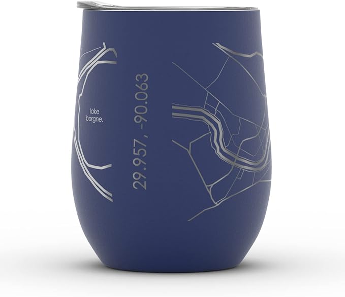 Well Told Engraved New Orleans Louisiana Map Insulated Wine Tumbler, Etched Stainless Steel Cup (12 oz, Midnight Blue) City Map Insulated Tumbler, Custom Insulated Tumbler, Outdoor Drinkware