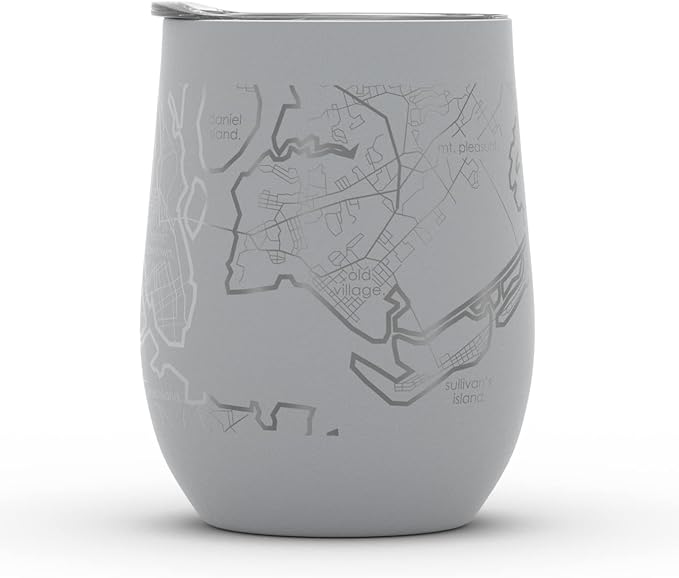 Well Told Engraved Charleston South Carolina Map Insulated Wine Tumbler, Etched Stainless Steel Cup (12 oz, Dockside Gray) City Map Insulated Tumbler, Custom Insulated Tumbler, Outdoor Drinkware