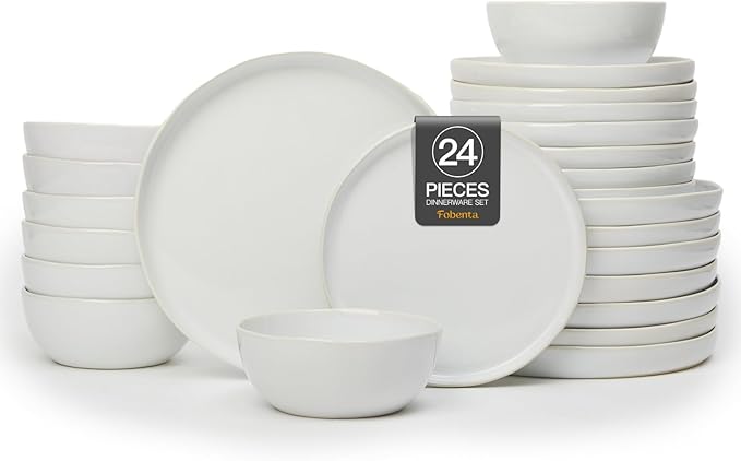 FOBENT Minimalist Dinnerware Set,24 Piece Fog White Plates and Bowls Set for 8 – Sculpted Ceramic Dish Sets for Gatherings with Grace