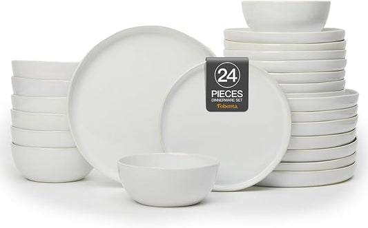 FOBENT Minimalist Dinnerware Set,24 Piece Fog White Plates and Bowls Set for 8 – Sculpted Ceramic Dish Sets for Gatherings with Grace