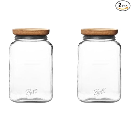 Ball Stack & Store Glass Mason Jars with Wooden Lid, Used for Pantry, Cookies, Flour, Cereal, Rice, Sugar, Tea, Coffee Beans, Spices, Square, 15.6-Cup (Pack of 2)