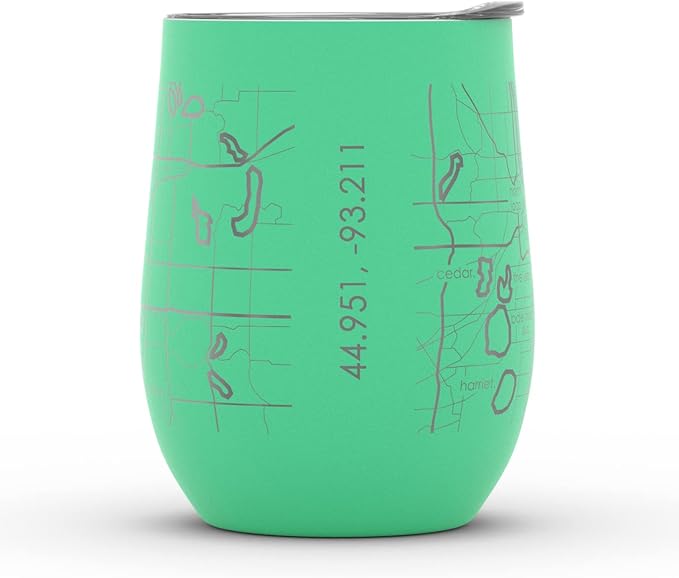 Well Told Engraved Minneapolis Minnesota Map Insulated Wine Tumbler, Etched Stainless Steel Cup (12 oz, Sunday Green) City Map Insulated Tumbler, Custom Insulated Tumbler, Outdoor Drinkware