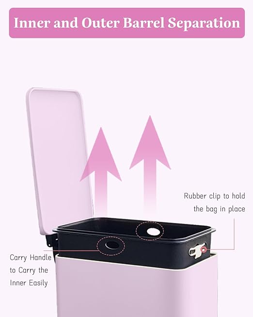16.7L/ 4.4 Gallon Rectangular Slim Kitchen Trash Can with Removable Inner Bucket, Soft Close lid, Stainless Steel Step Pedal Garbage Can for Bathroom, Kitchen, Home Office, Pink