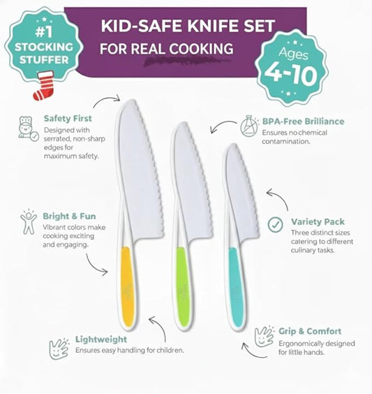 Tovla Jr. Kid Safe Knife Gift Set for Real Cooking | STOCKING STUFFER |Toddler Kitchen Knives | Montessori & STEM Cooking Tools Ages 4–12 | BPA-Free, Dishwasher-Safe | Christmas and Birthday