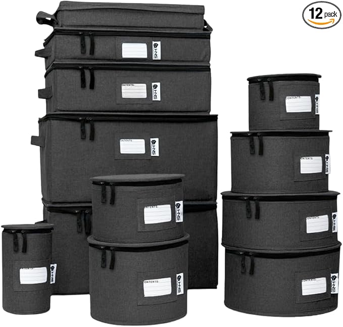 Hard Shell China Storage Containers 12-Piece Set Moving Boxes for Dinnerware, Glasses, Plates, Mugs and Saucers Sturdy Dish Organizer with Dividers for Seasonal Storage - Service for 12 - Black