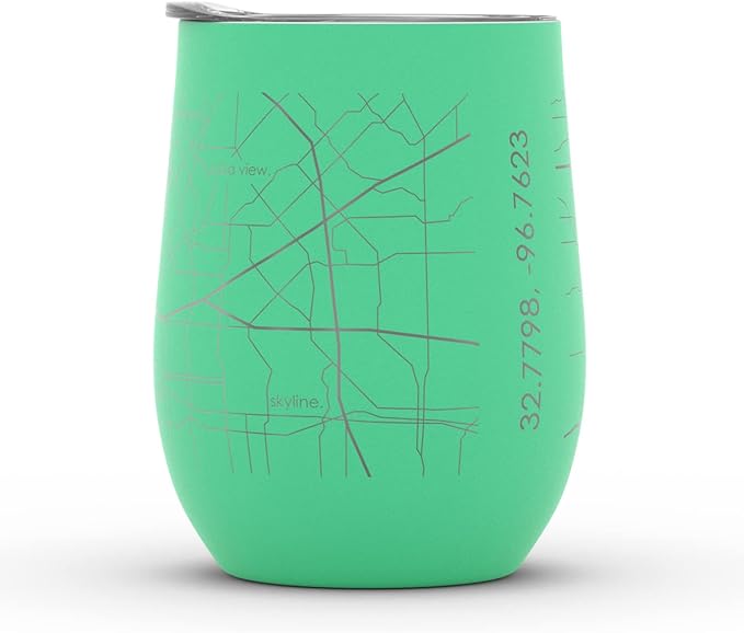 Well Told Engraved Dallas Texas Map Insulated Wine Tumbler, Etched Stainless Steel Cup (12 oz, Sunday Green) City Map Insulated Tumbler, Custom Insulated Tumbler, Outdoor Drinkware