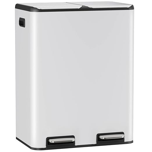 Arlopu 16Gal Dual Trash Can w/2 Built-in Box for Odor Control, Hands-Free Kitchen Garbage Bin, Recycle Waste Dustbin, Soft-Close Lid, 2 Buckets,Foot Pedal, Side Handle, Airtight,for Home (White)