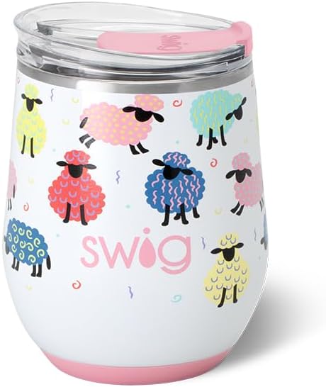 Swig Life 12oz Wine Tumbler with Lid, Stainless Steel, Dishwasher Safe, Portable, Triple Insulated Wine Tumbler (Counting Sheep)
