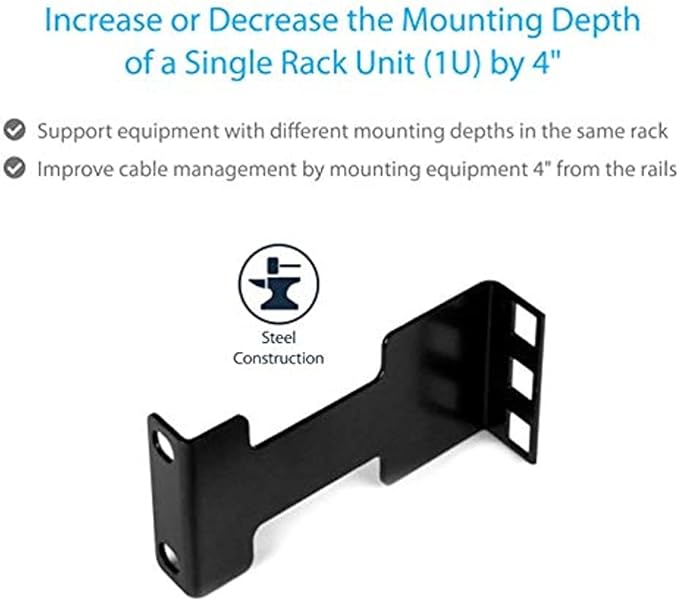 StarTech.com Server Rack Depth Extender - 1U - 4in / 10 cm - TAA Compliant - Recessed Rack Adapter - Rack Mount Adapter Kit - Network Rack Extender (RDA1U)