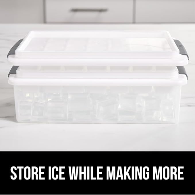 GORILLA GRIP BPA-Free Easy Release Stackable Ice Cube Tray for Freezer, Set Makes 56 Cubes for Cocktail Drinks, Coffee, Bucket Kit Includes 2 Leakproof Trays with Lid and Scooper, Kitchen Tool, Gray
