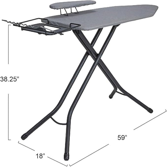 Household Essentials Wide Mega Ironing Board 4-Leg, Steel Top Pressing Station, Matte Black Frame, Grey Cover