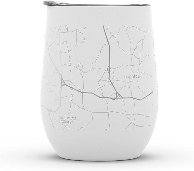 Well Told Engraved Raleigh North Carolina Map Insulated Wine Tumbler, Etched Stainless Steel Wine Tumbler (12 oz, White) City Map Insulated Tumbler, Custom Insulated Tumbler, Outdoor Drinkware