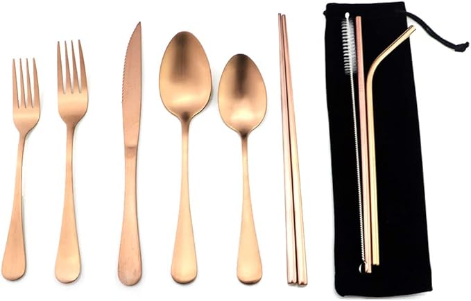 Rose Gold Reusable Utensils with Case Camping Travel Silverware Set,Portable Stainless Steel Cutlery Set - Matte Flatware Knife Fork Spoon Mirror Straws Chopsticks - for Office Lunch, Hiking, School
